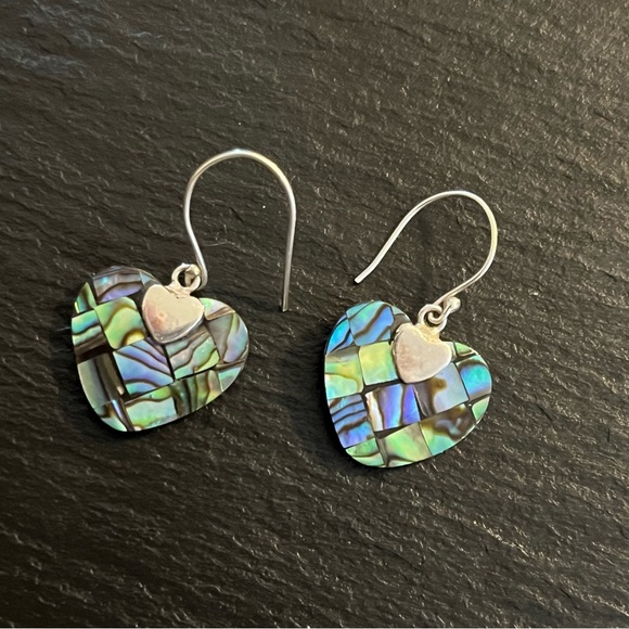 Abalone Shell Sterling Silver 925 Heart French Hook Earrings - Picture 1 of 13